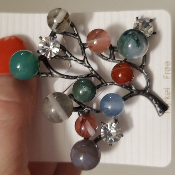 New Rhinestone Multi Colored Agate Silver Tree Pin Brooch. - Picture 3 of 7